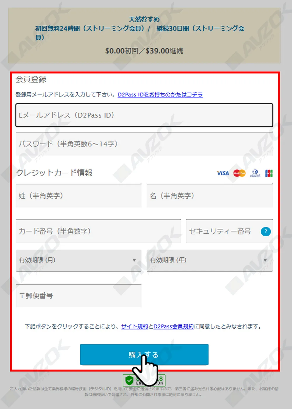 天然むすめの24時間無料プラン登録フォームの例